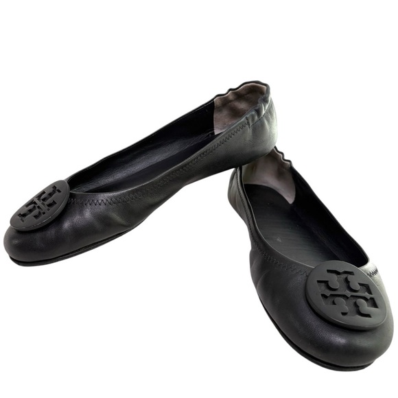 TORY BURCH Minnie Travel Ballet Flat Solid Black Leather Minimalist Luxury 7.5 - Picture 1 of 16